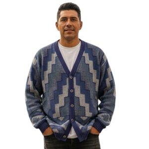 Vintage Baby Alpaca Cardigan Blue Aztec Geometric Pattern Made in Peru xl